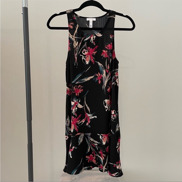 Leith Black Flounce Hem Sleeveless Mini Dress W/Botanical Floral Design. Size XS - Picture 4 of 8